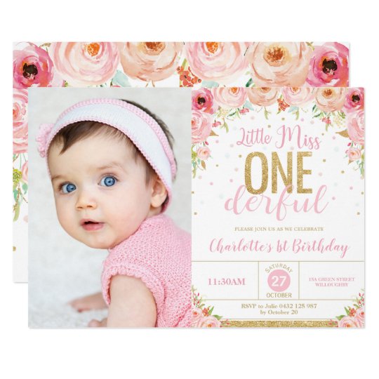 Little Miss Onederful Floral 1st Birthday Photo Invitation | Zazzle.com