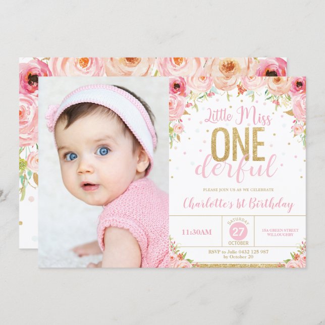Little Miss Onederful Floral 1st Birthday Photo Invitation (Front/Back)