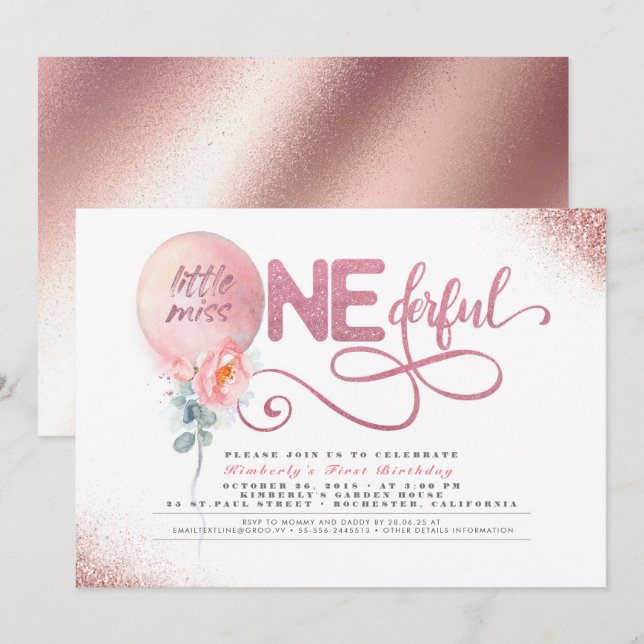 Little Miss ONEderful Floral Balloon 1st Birthday Invitation (Front/Back)