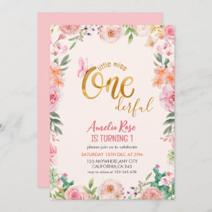 Little miss onederful Floral girl 1st Birthday Invitation