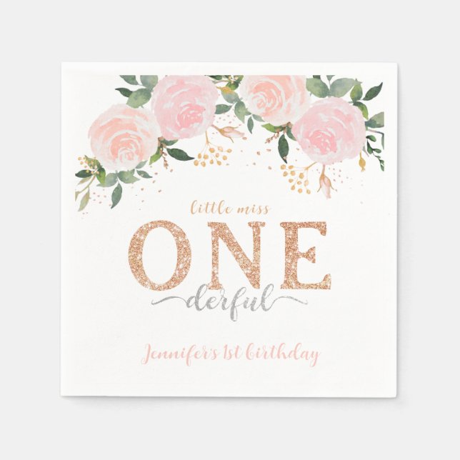 Little Miss Onederful Floral Pink Gold Napkins (Front)