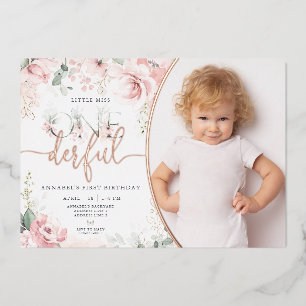 Little Miss Onederful Girl First Birthday Foil Invitation