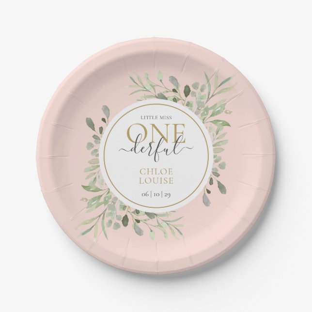 Little Miss ONEderful Girl First Birthday Pink Paper Plates (Front)