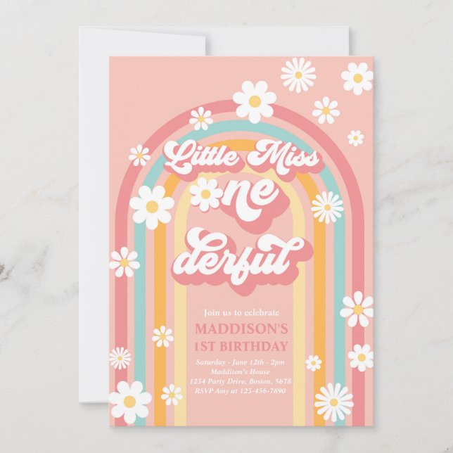 Little Miss Onederful Groovy Rainbow 1st Birthday Invitation (Front)