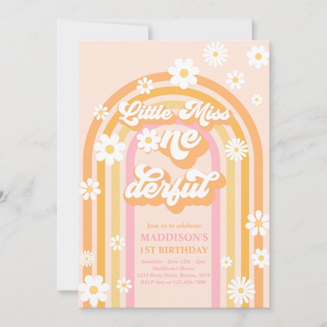 Little Miss Onederful Groovy Rainbow 1st Birthday Invitation (Front)