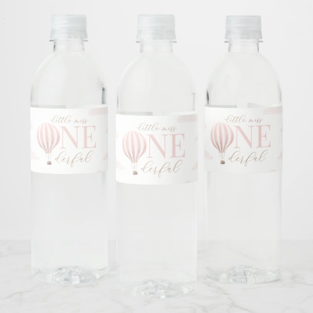 Little Miss Onederful Hot Air Balloon 1st Birthday Water Bottle Label (Bottles)