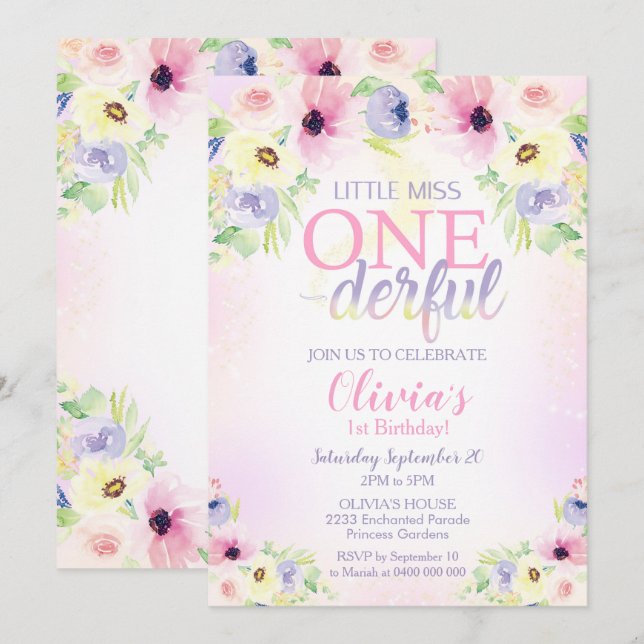 Little Miss Onederful Invitation Girl 1st (Front/Back)