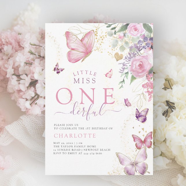 Little Miss Onederful Lush Floral 1st Birthday Invitation (little miss onederful girls 1st birthday invite pink garden roses floral  butterflies watercolor)