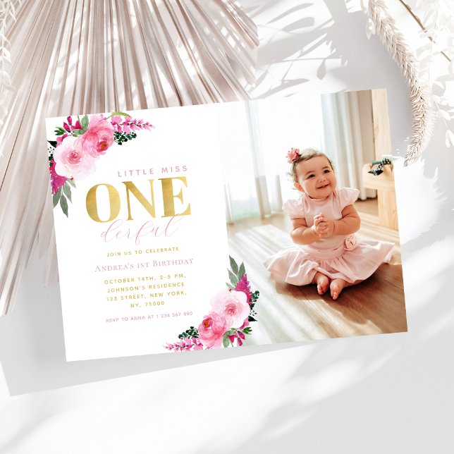Little Miss Onederful Painted Floral 1st Birthday Invitation (Creator Uploaded)