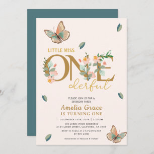 Little miss onederful peach floral 1st birthday invitation