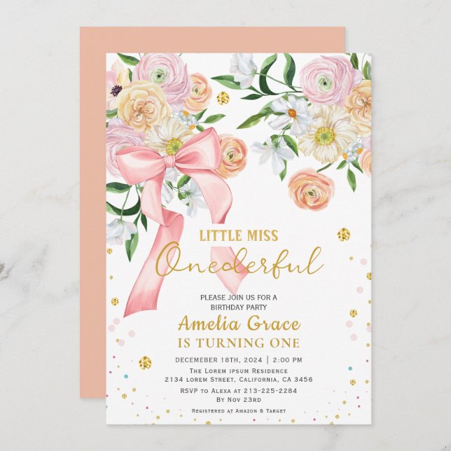 Little miss onederful peach girl 1st birthday  invitation (Front/Back)