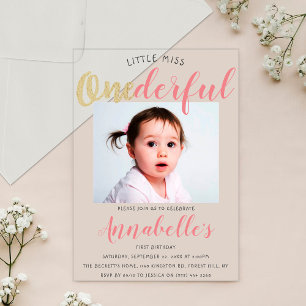 Little Miss Onederful Photo 1st Birthday Acrylic Invitations