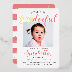 Little Miss Onederful Photo 1st Birthday Real Foil Invitation