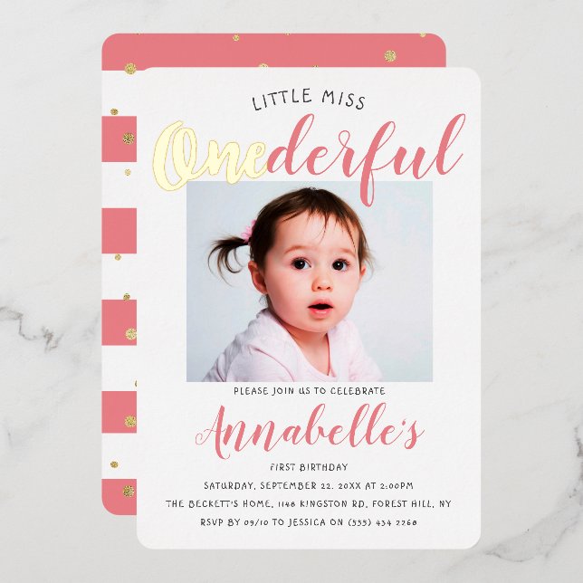 Little Miss Onederful Photo 1st Birthday Real Foil Invitation (Front/Back)