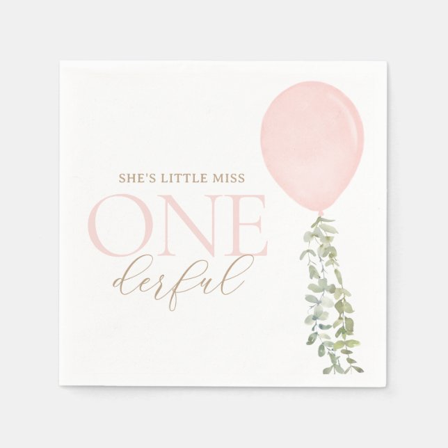 Little Miss Onederful Pink Balloon Birthday Napkins (Front)
