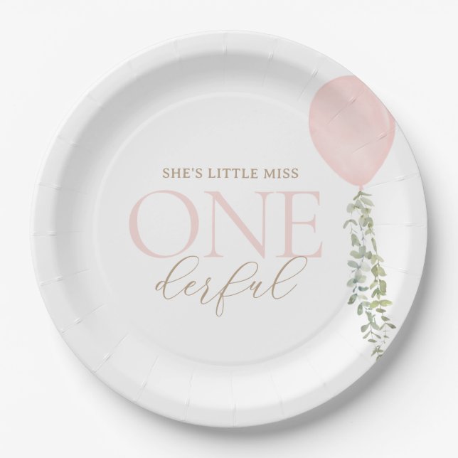 Little Miss Onederful Pink Balloon Birthday Paper Plates (Front)