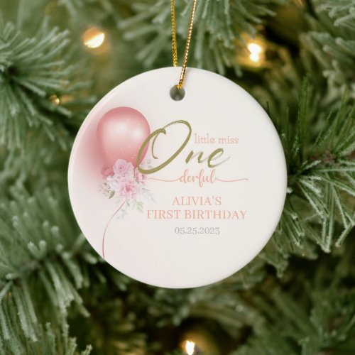 Little Miss ONEderful Pink Balloon Floral Birthday Ceramic Ornament