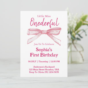 Little Miss ONEDERFUL Pink Bow Girl 1st Birthday Invitation