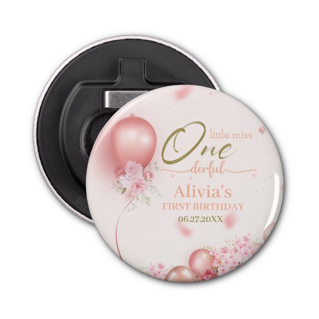 Little Miss ONEderful Pink Floral 1st Birthday Bottle Opener (Front)