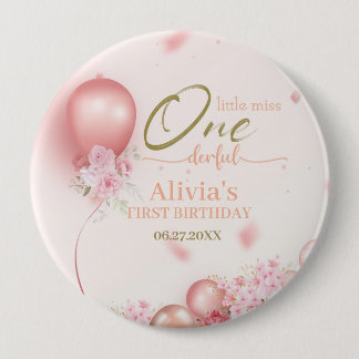 Little Miss ONEderful Pink Floral 1st Birthday Button