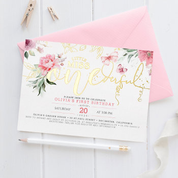 Little Miss Onederful Pink Floral 1st Birthday Foil Invitation by lovelywow at Zazzle