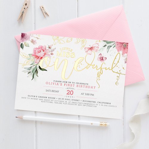 Little Miss ONEderful Pink Floral 1st Birthday Foil Invitation