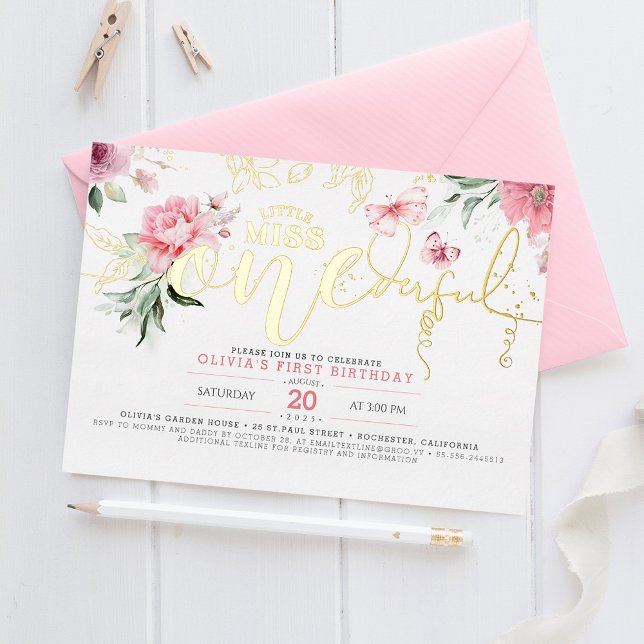Little Miss ONEderful Pink Floral 1st Birthday Foil Invitation (Creator Uploaded)