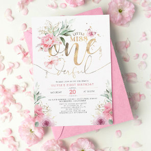 Little Miss ONEderful Pink Floral 1st Birthday Inv Invitation