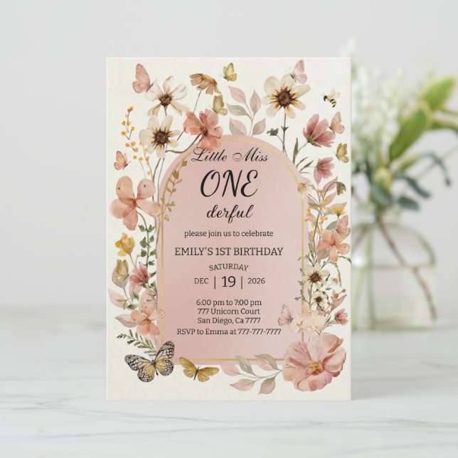 Little Miss ONEderful Pink Floral 1st Birthday Invitation (Standing Front)
