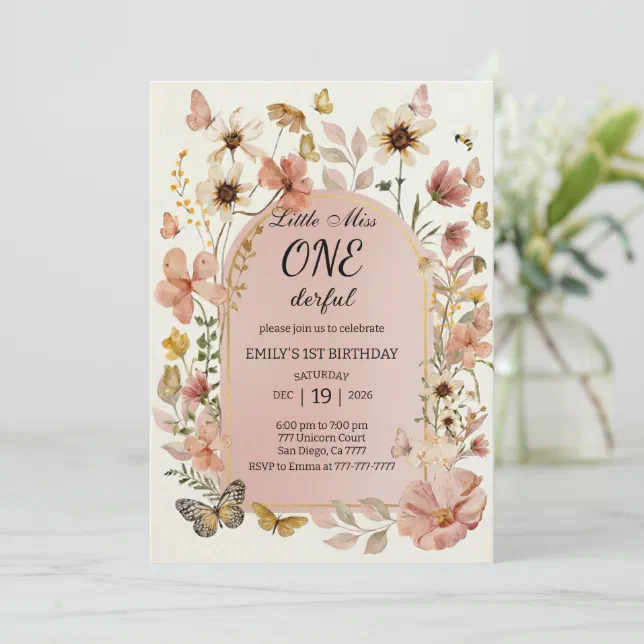 Little Miss ONEderful Pink Floral 1st Birthday Invitation | Zazzle