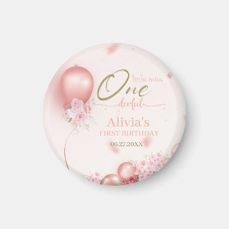 Little Miss ONEderful Pink Floral 1st Birthday Magnet
