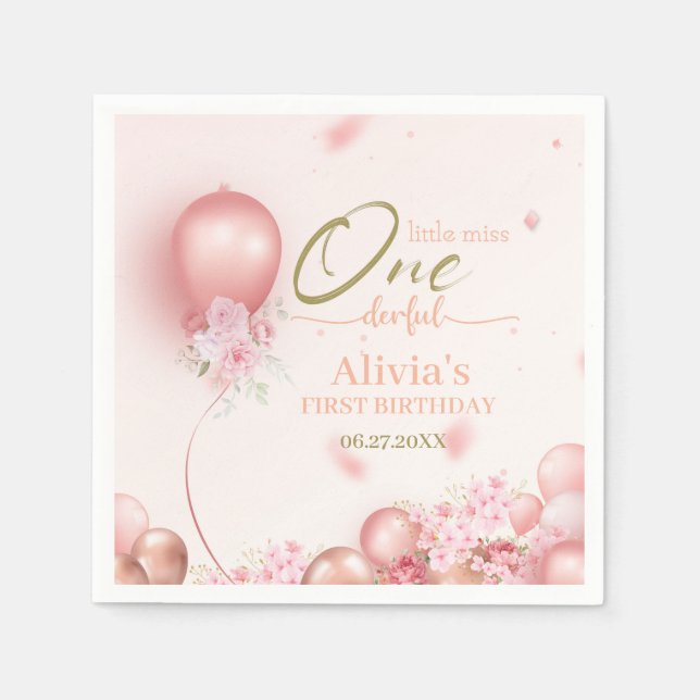 Little Miss ONEderful Pink Floral 1st Birthday Napkins (Front)