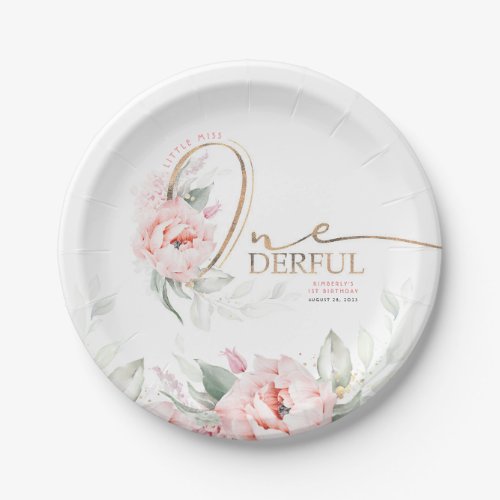 Little Miss Onederful Pink Floral 1st Birthday Paper Plates