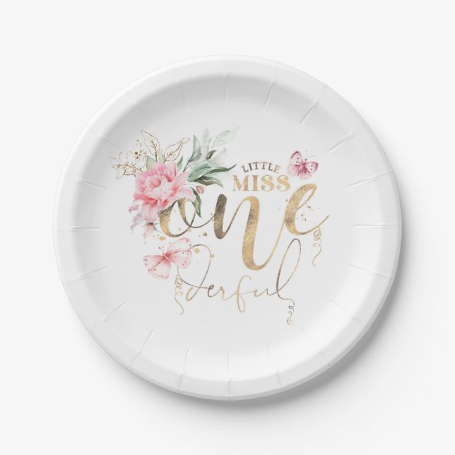 Little Miss Onederful Pink Floral 1st Birthday Paper Plates (Front)