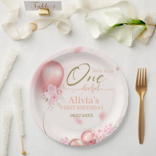 Little Miss ONEderful Pink Floral 1st Birthday Paper Plates