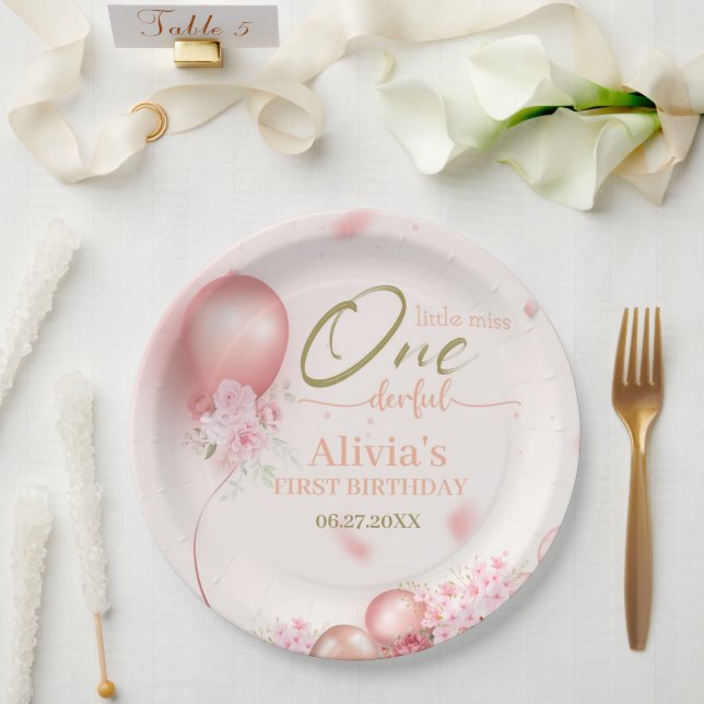 Little Miss ONEderful Pink Floral 1st Birthday Paper Plates (Wedding)