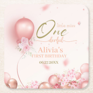 Little Miss ONEderful Pink Floral 1st Birthday Square Paper Coaster