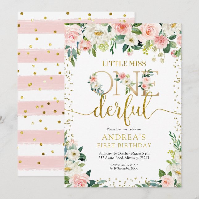 Little Miss Onederful Pink Floral Invitation (Front/Back)