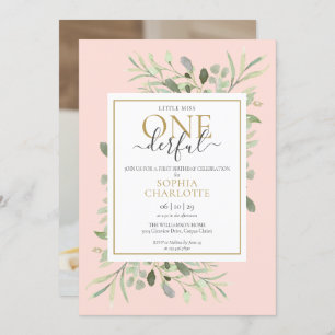 Little Miss ONEderful Pink Girl 1st Birthday Photo Invitation