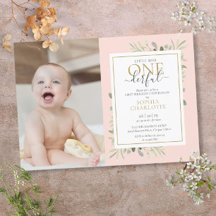 Little Miss ONEderful Pink Girl 1st Birthday Photo Invitation
