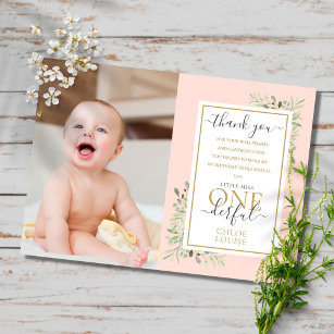 Little Miss ONEderful Pink Girl 1st Birthday Photo Thank You Card