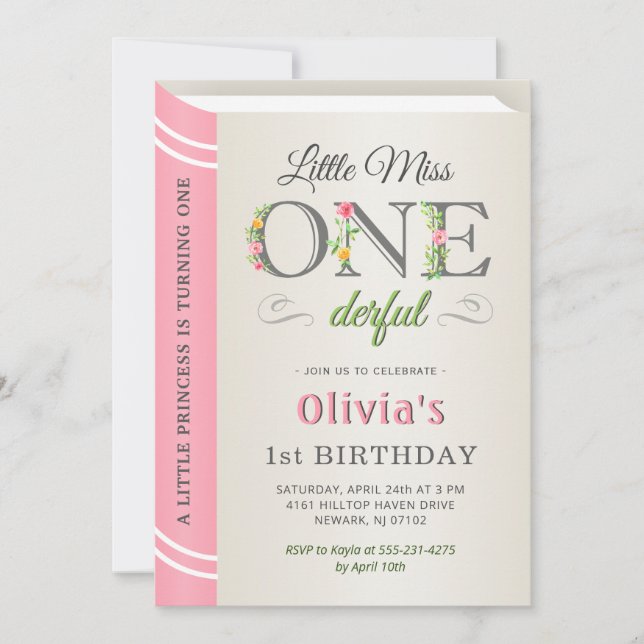 Little Miss Onederful Pink Girl 1st First Birthday Invitation (Front)