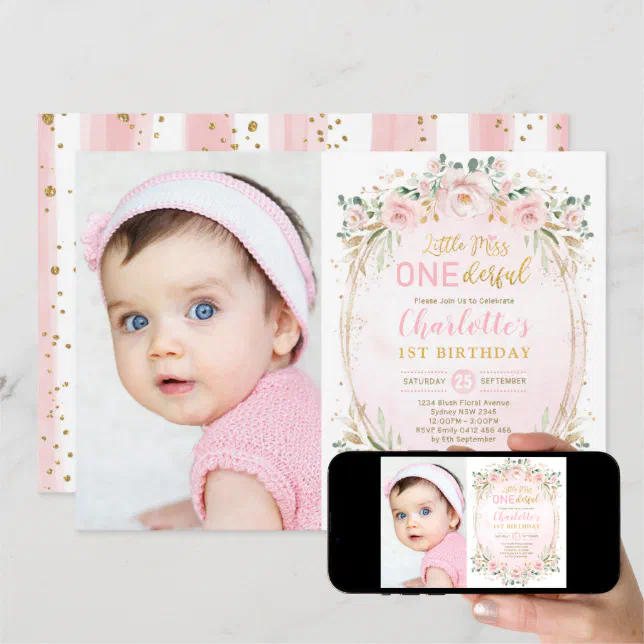 Little Miss ONEderful Pink Gold Floral Birthday Invitation | Zazzle