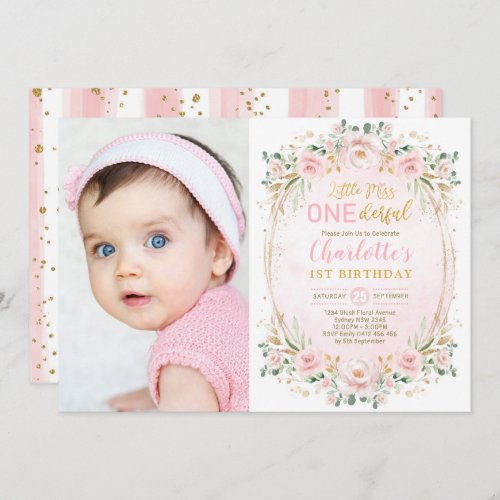 Little Miss ONEderful Pink Gold Floral Birthday Invitation
