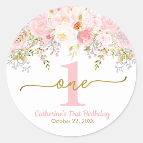 Little Miss ONEderful Pink Roses First Birthday Classic Round Sticker