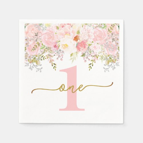 Little Miss ONEderful Pink Roses First Birthday Napkins