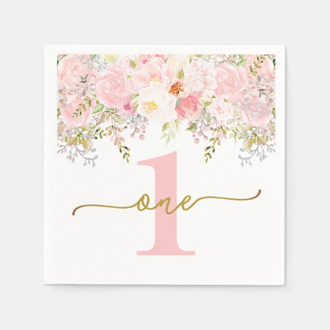 Little Miss ONEderful Pink Roses First Birthday Napkins (Front)