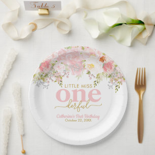 Little Miss ONEderful Pink Roses First Birthday P Paper Plates