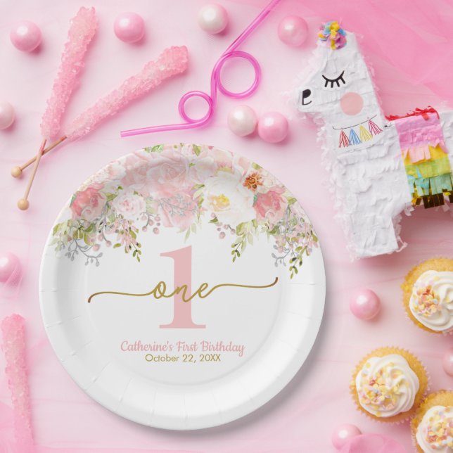 Little Miss ONEderful Pink Roses First Birthday  Paper Plates (Party)
