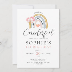 Little Miss ONEderful Rainbow Girl's 1st Birthday Invitation